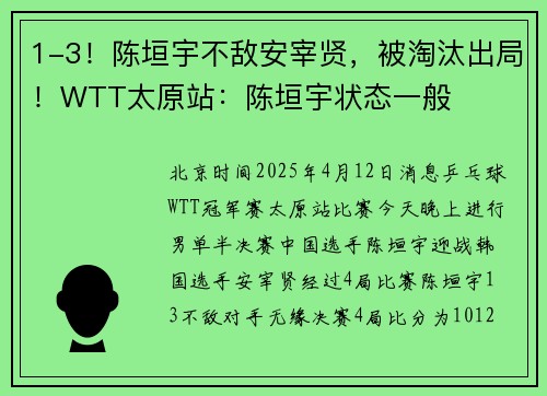 1-3！陈垣宇不敌安宰贤，被淘汰出局！WTT太原站：陈垣宇状态一般