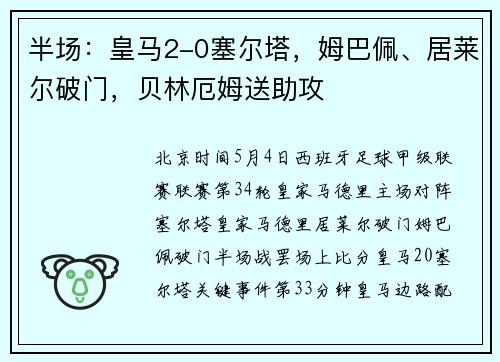 半场：皇马2-0塞尔塔，姆巴佩、居莱尔破门，贝林厄姆送助攻